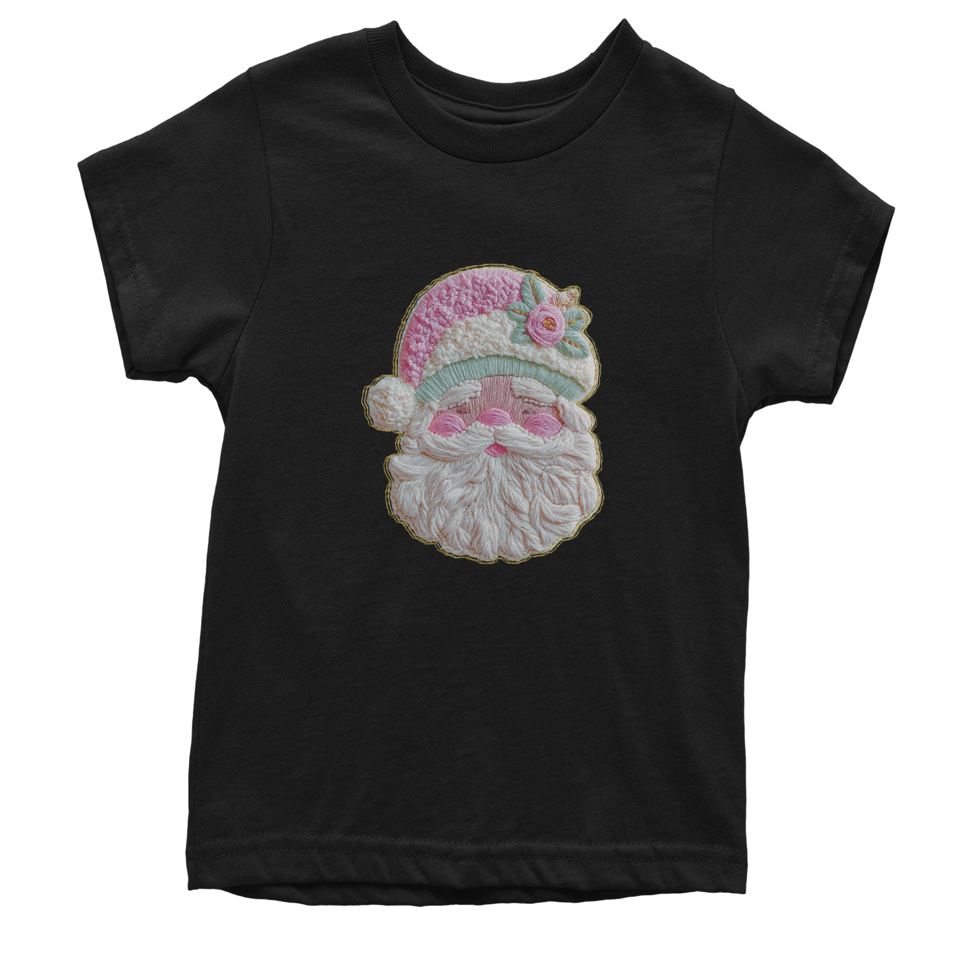 Vintage Santa Embroidery Art Soft Cottagecore Youth T-shirt Hot Pink
