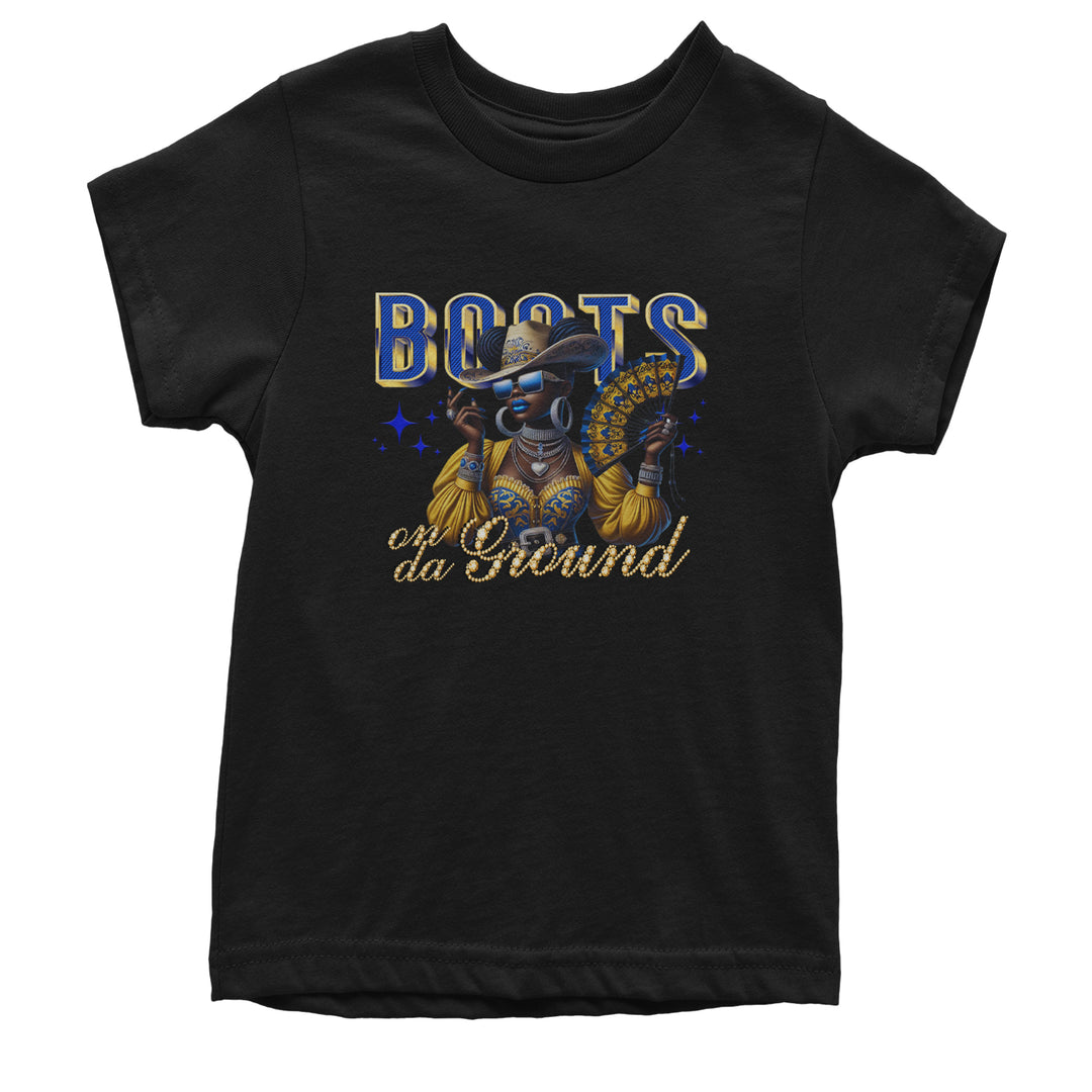 Kids' heavyweight cotton T-shirt with glam cowgirl in hat and shades, statement jewelry, folding fan, and "Boots on da Ground" wording