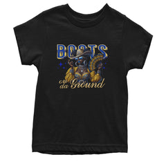 Kids' heavyweight cotton T-shirt with glam cowgirl in hat and shades, statement jewelry, folding fan, and "Boots on da Ground" wording