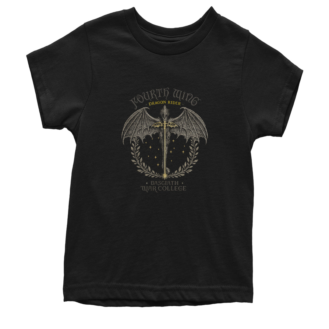 Kids' Heavyweight Cotton T-Shirt with vintage dragon in laurel crest and the words "Fourth Wing," "Dragon Rider," "Basgiath War College"