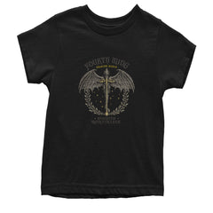 Kids' Heavyweight Cotton T-Shirt with vintage dragon in laurel crest and the words "Fourth Wing," "Dragon Rider," "Basgiath War College"