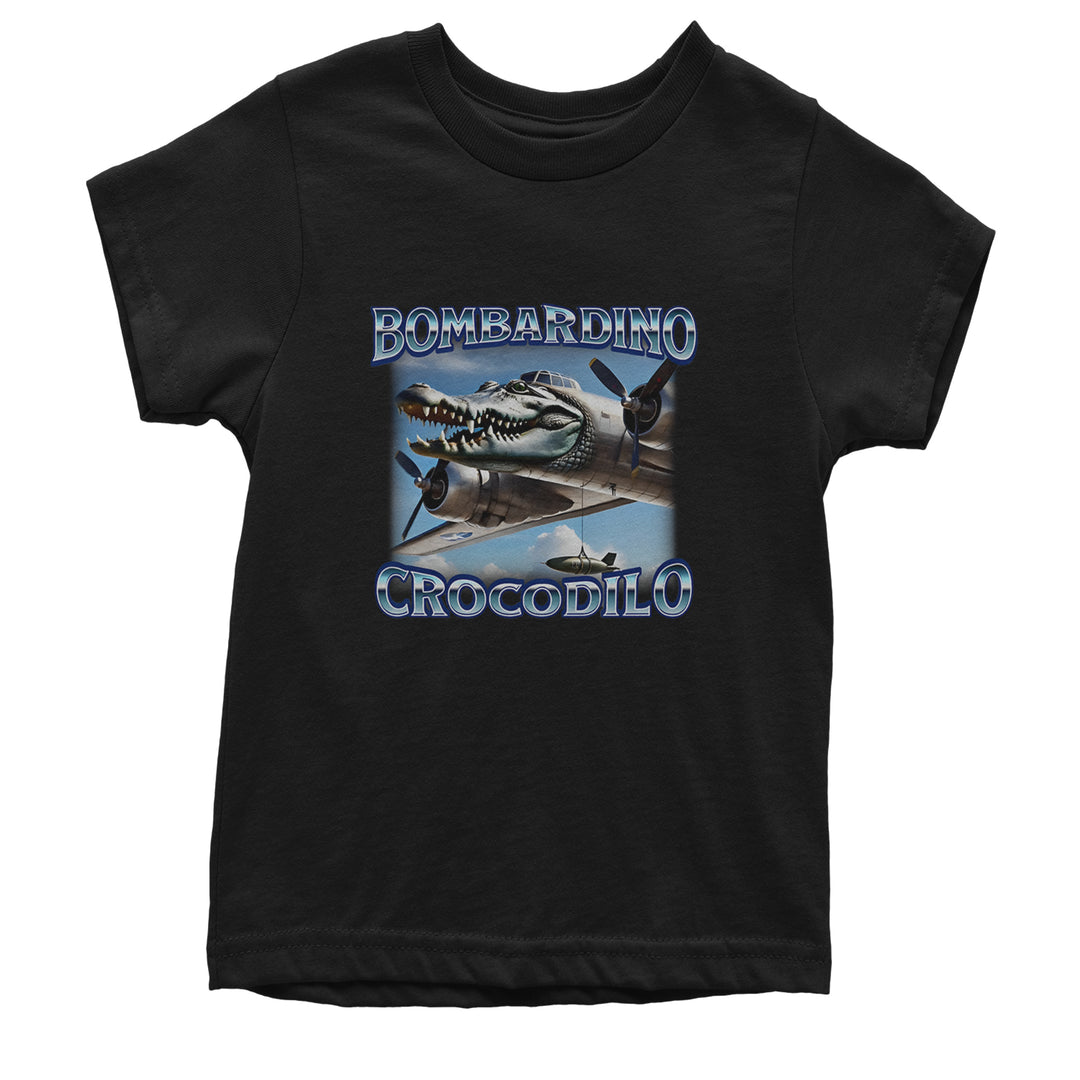 Kids' Heavyweight Cotton T-Shirt with a surreal flying crocodile head fused to a propeller plane and bold Bombardino Crocodilo wording