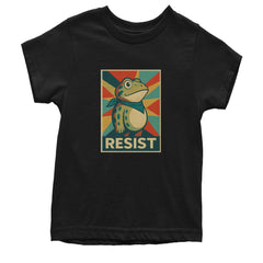 Kids' Heavyweight Cotton T-Shirt with a spotted protest frog in a vintage poster style and the word "RESIST"