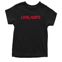 LOVE HURTS bold text design on a Kids' Heavyweight Cotton T-Shirt with crew neck and short sleeves
