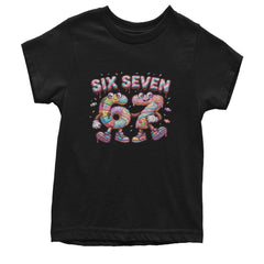 Kids' Heavyweight Cotton T-Shirt with drippy chocolate text, sprinkle confetti, and frosted donut-style 6 and 7 characters