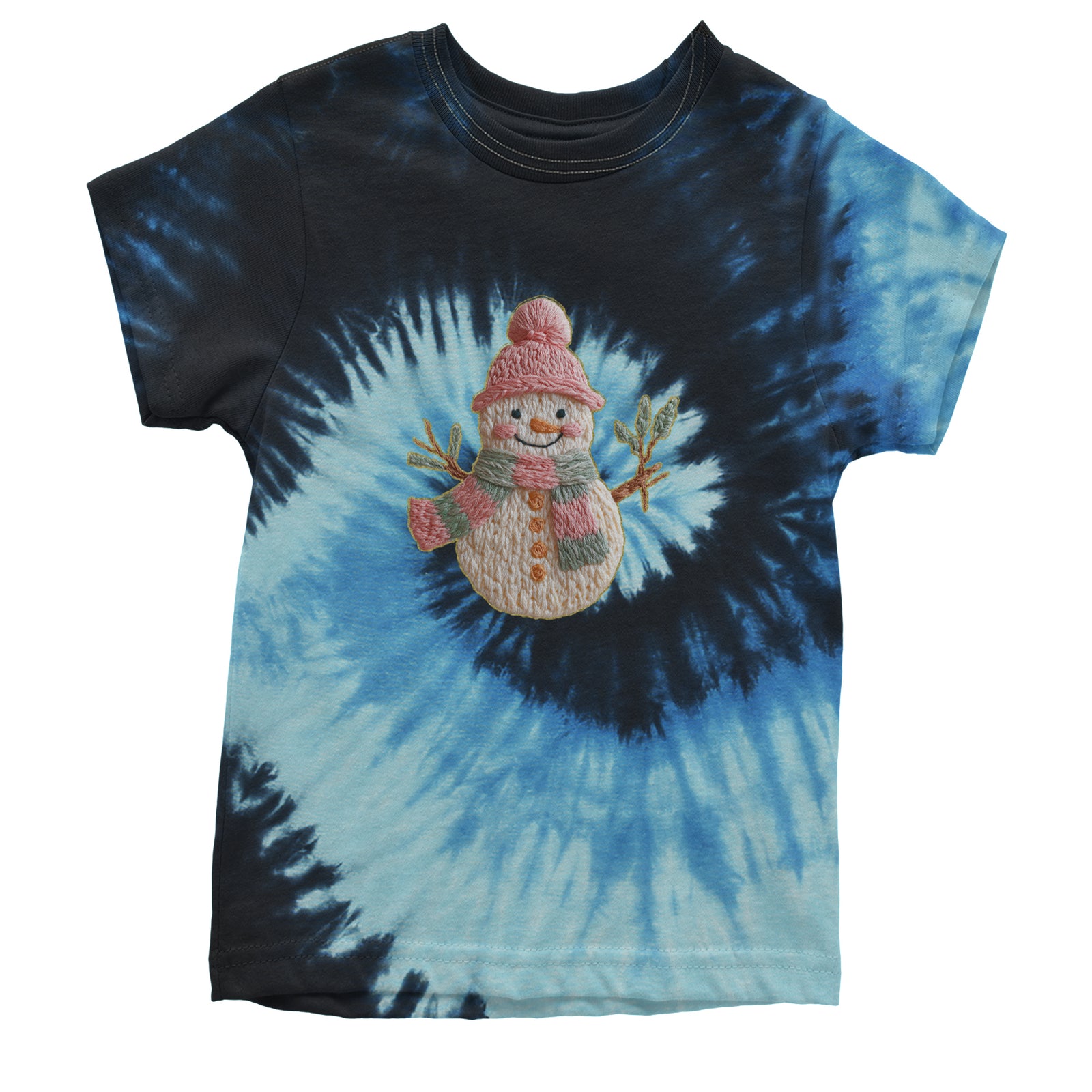 Vintage Snowman Embroidery Art Soft Cottagecore Youth T-shirt Tie-Dye Blue Ocean