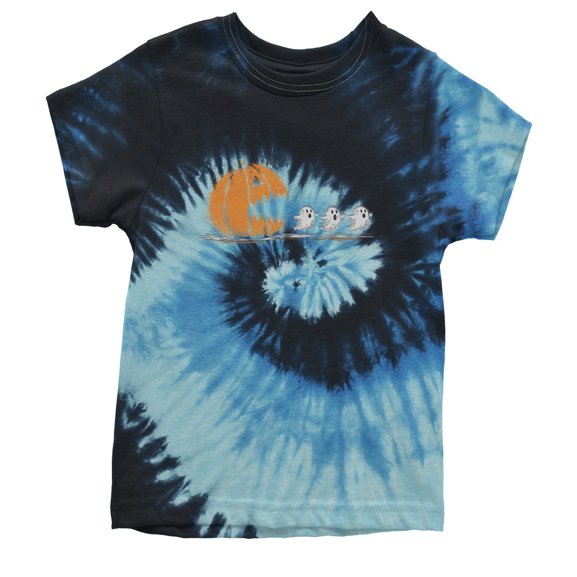 Pumpkin Pacman Chasing Ghosts Halloween Youth T-shirt Tie-Dye Blue Ocean