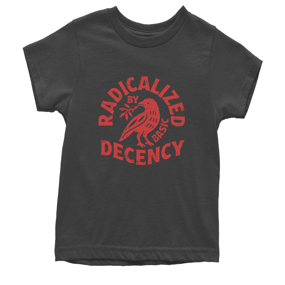 Radicalized by Basic Decency Dove Protest Statement graphic on Kids' Heavyweight Cotton T-Shirt in Charcoal Grey