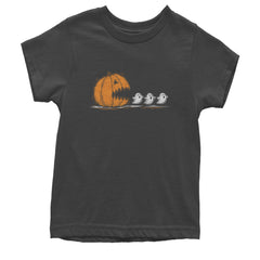 Pumpkin Pacman Chasing Ghosts Halloween Youth T-shirt Charcoal Grey