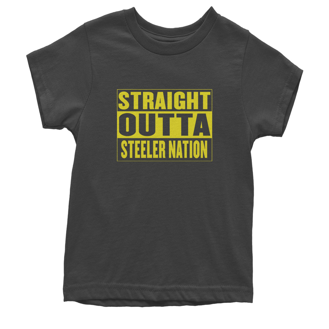 Straight Outta Steeler Nation Football graphic on Kids' Heavyweight Cotton T-Shirt in Charcoal Grey