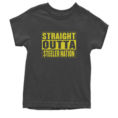 Straight Outta Steeler Nation Football graphic on Kids' Heavyweight Cotton T-Shirt in Charcoal Grey
