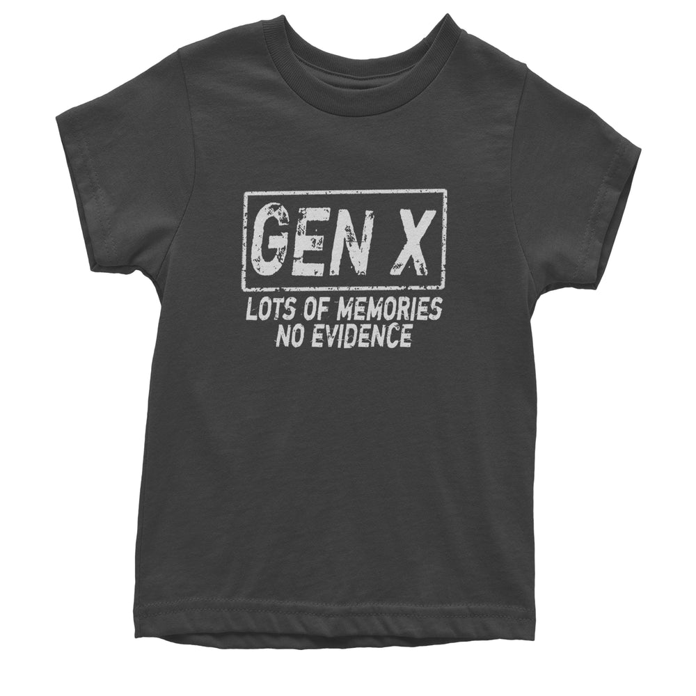 Gen X Lots of Memories No Evidence Nostalgia graphic on Kids' Heavyweight Cotton T-Shirt in Charcoal Grey