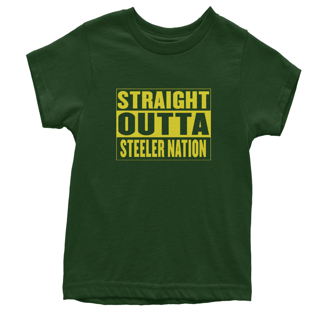 Straight Outta Steeler Nation Football graphic on Kids' Heavyweight Cotton T-Shirt in Forest Green