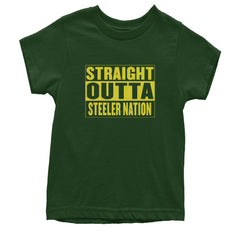 Straight Outta Steeler Nation Football graphic on Kids' Heavyweight Cotton T-Shirt in Forest Green