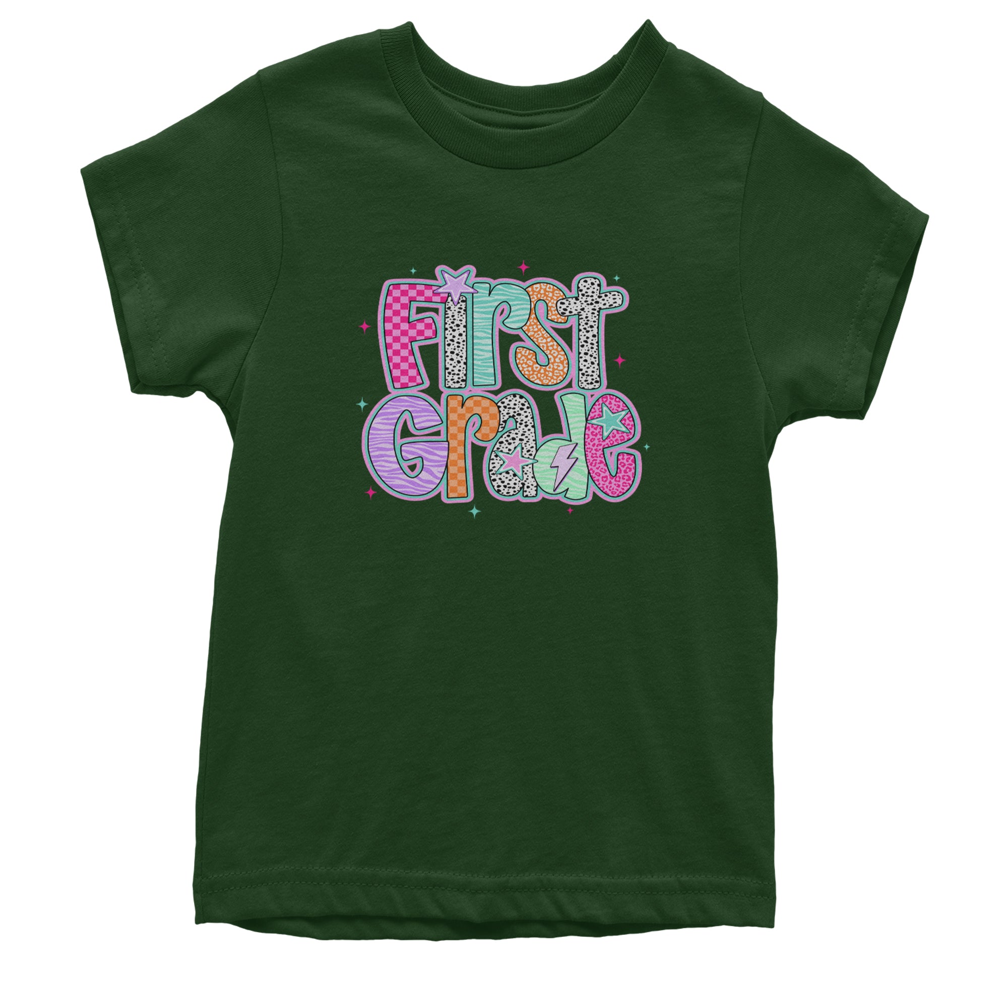 First Grade Vibes Colorful Back to School Youth T-shirt Forest Green