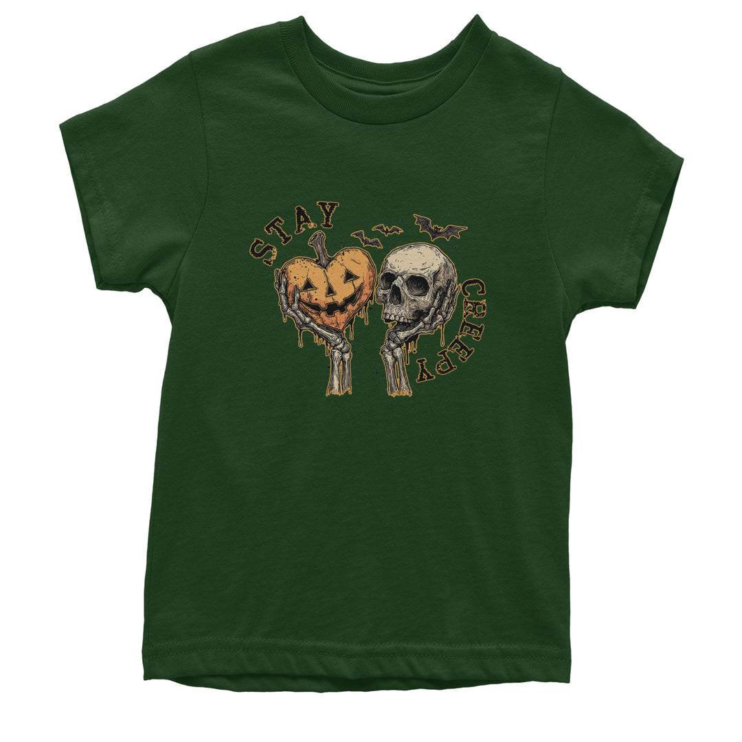 Stay Creepy Skull and Pumpkin Halloween Youth T-shirt Forest Green