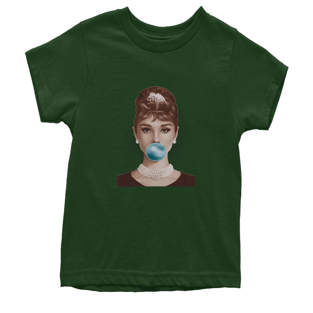 Audrey Hepburn Chewing Bubble Gum American Icon Youth T-shirt Forest Green