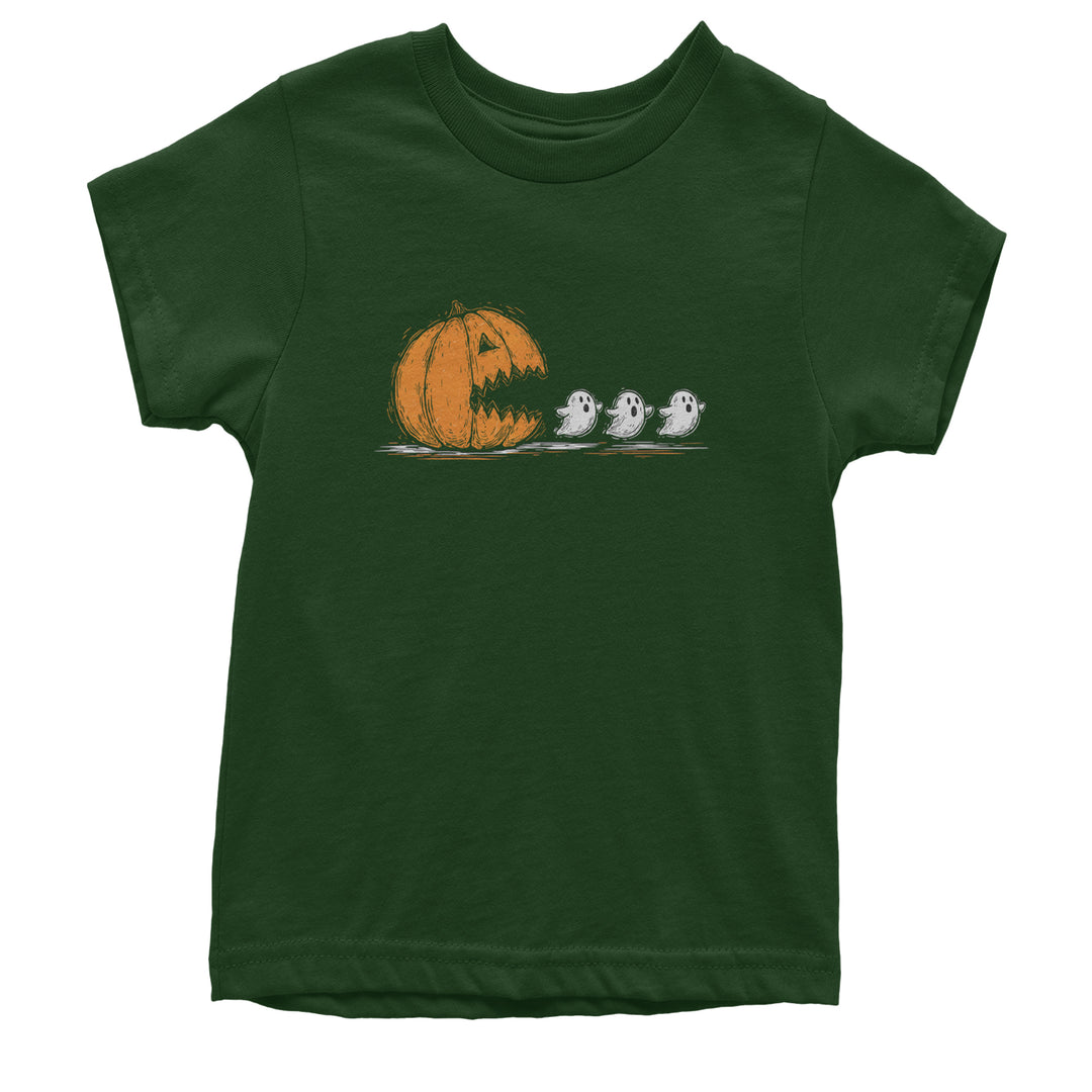 Pumpkin Pacman Chasing Ghosts Halloween Youth T-shirt Forest Green