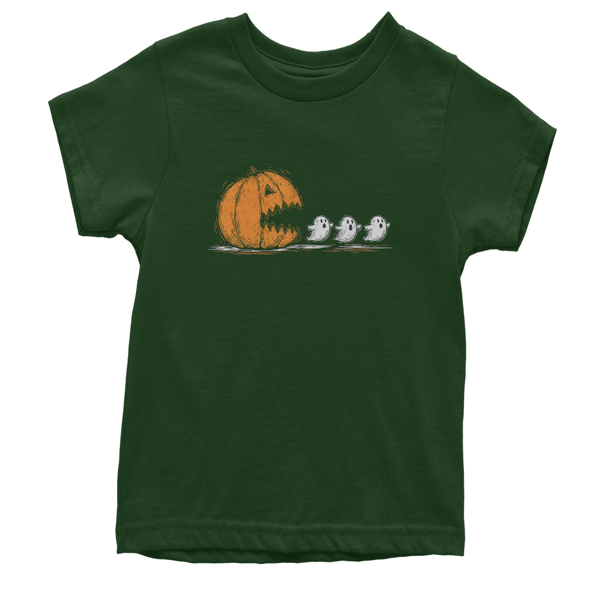 Pumpkin Pacman Chasing Ghosts Halloween Youth T-shirt Forest Green