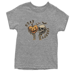 Stay Creepy Skull and Pumpkin Halloween Youth T-shirt Heather Grey