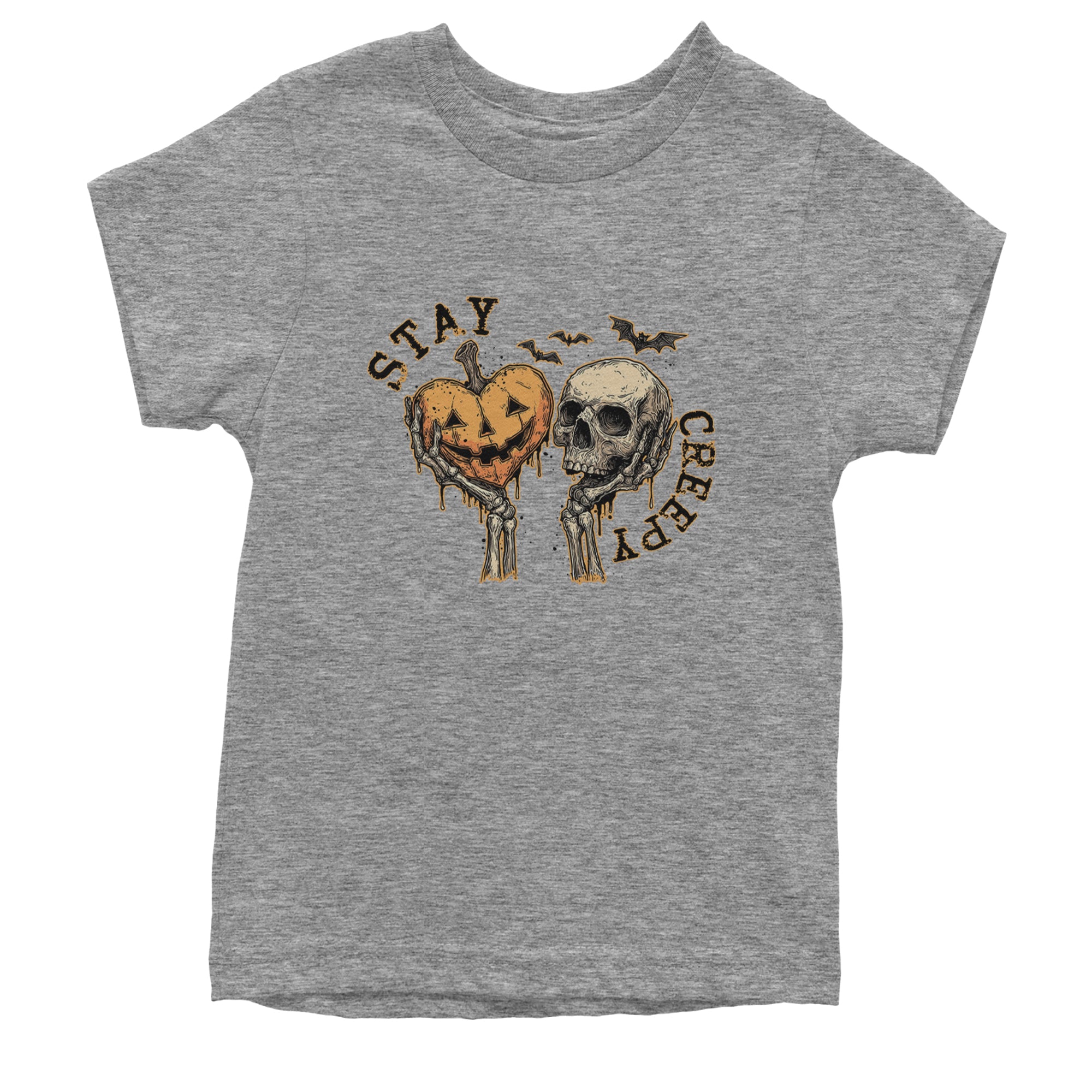 Stay Creepy Skull and Pumpkin Halloween Youth T-shirt Heather Grey