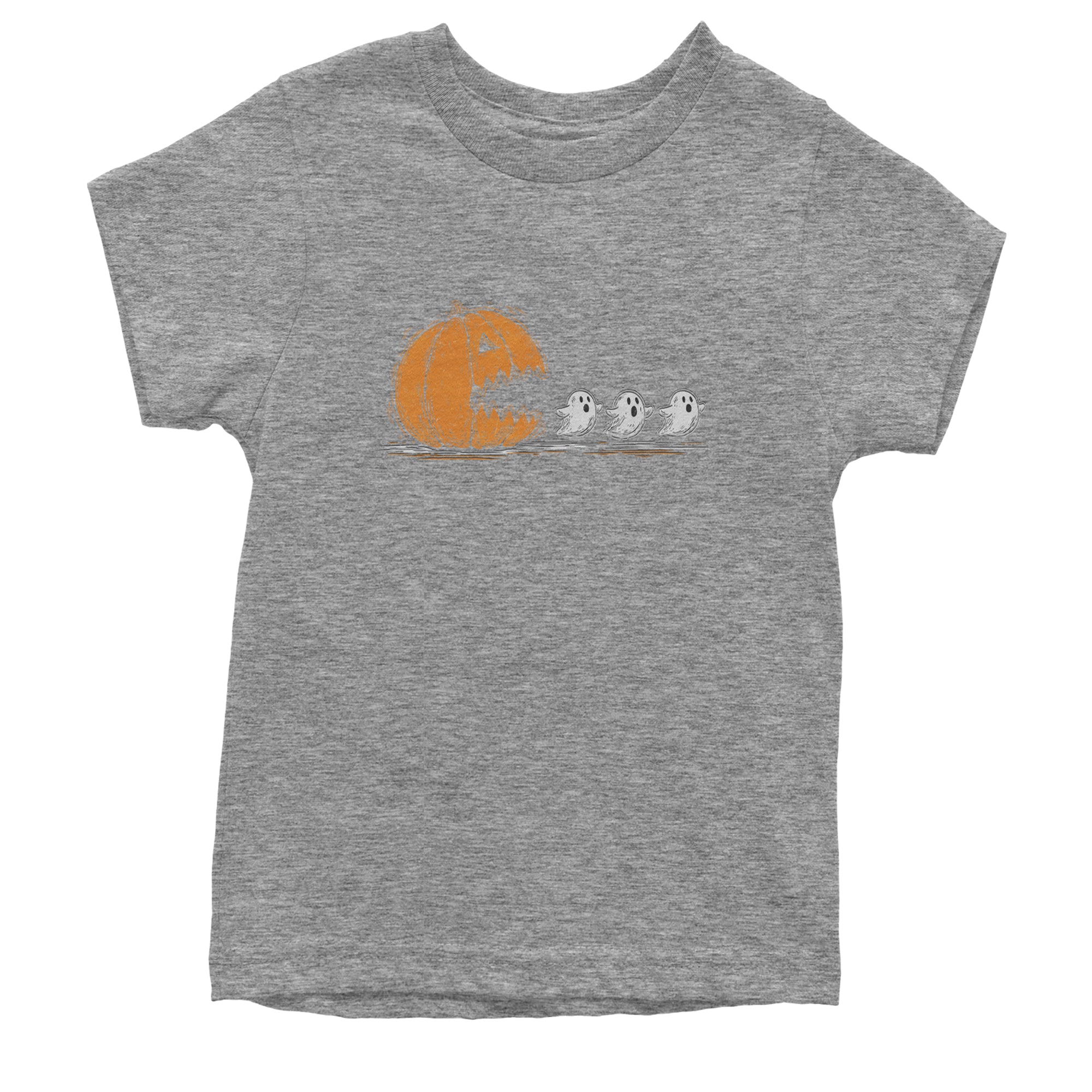 Pumpkin Pacman Chasing Ghosts Halloween Youth T-shirt Heather Grey