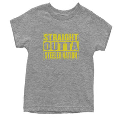 Straight Outta Steeler Nation Football graphic on Kids' Heavyweight Cotton T-Shirt in Heather Grey