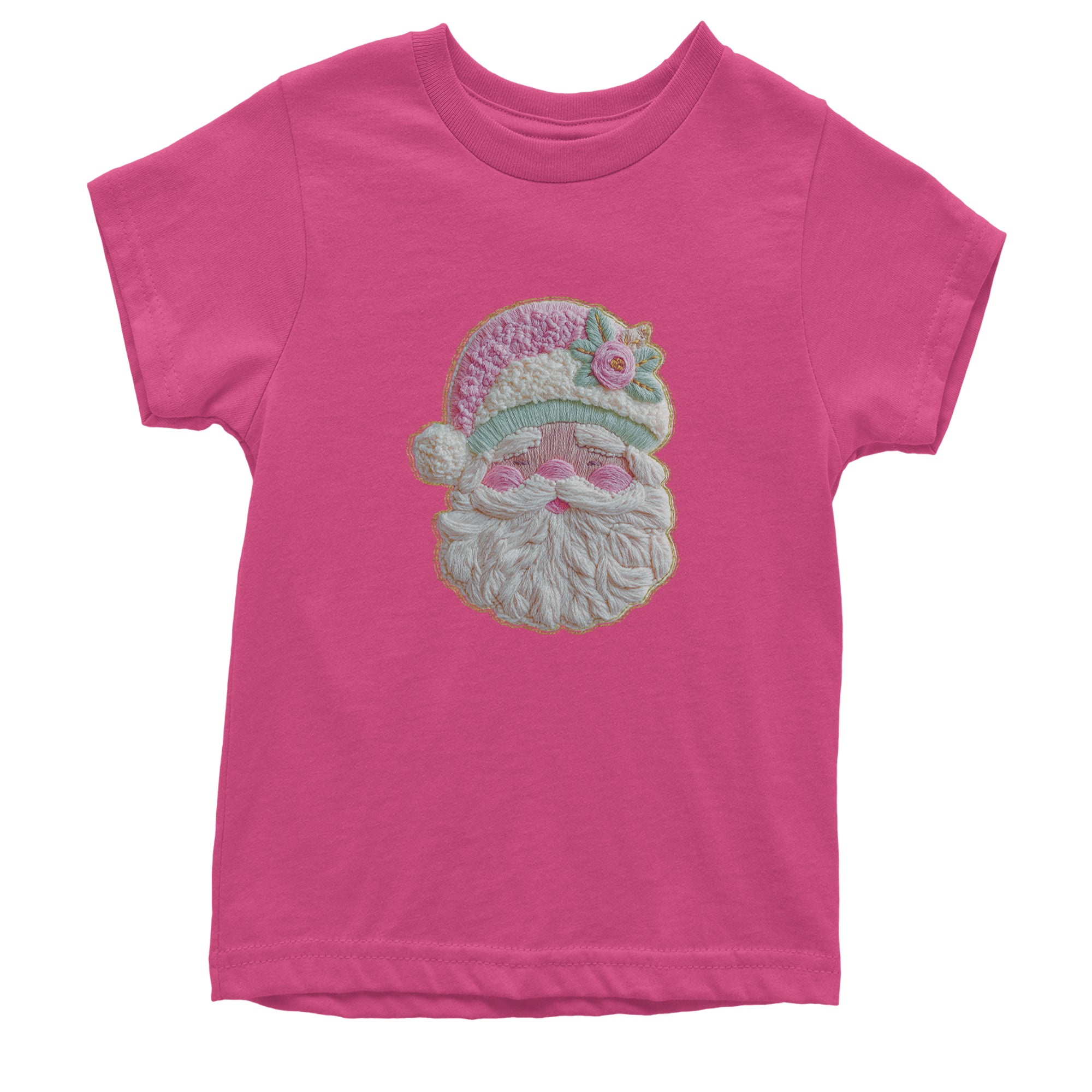 Vintage Santa Embroidery Art Soft Cottagecore Youth T-shirt Hot Pink