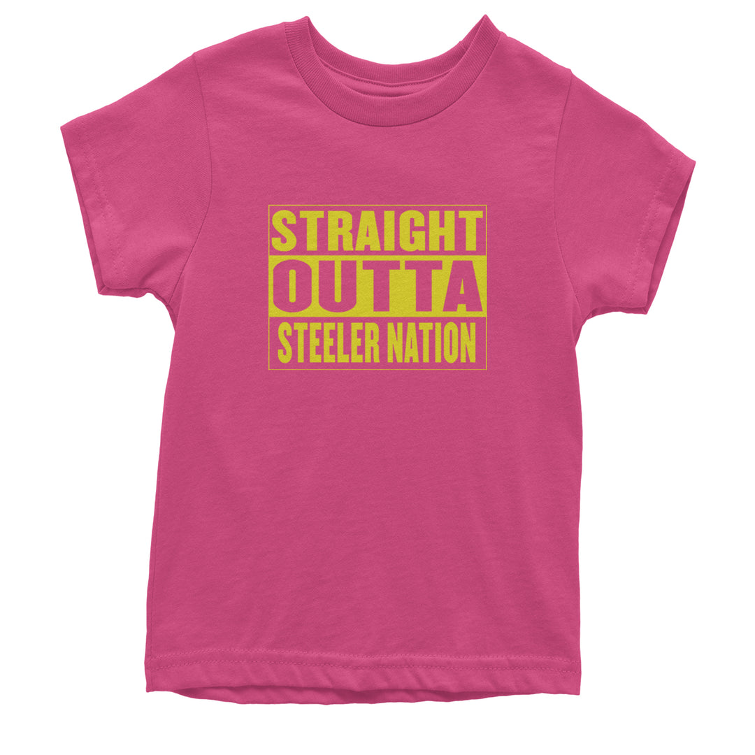 Straight Outta Steeler Nation Football graphic on Kids' Heavyweight Cotton T-Shirt in Hot Pink
