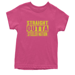 Straight Outta Steeler Nation Football graphic on Kids' Heavyweight Cotton T-Shirt in Hot Pink