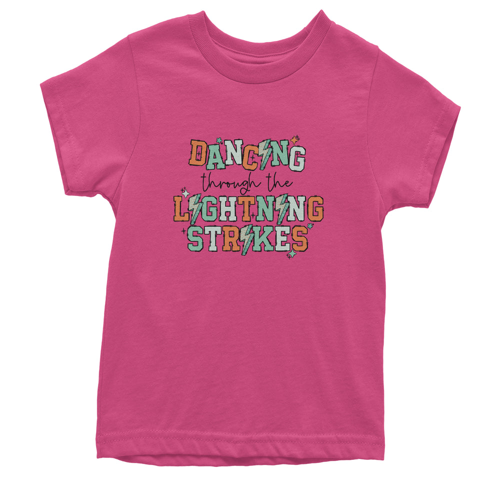 Dancing Through The Lightning Strikes graphic on Kids' Heavyweight Cotton T-Shirt in Hot Pink