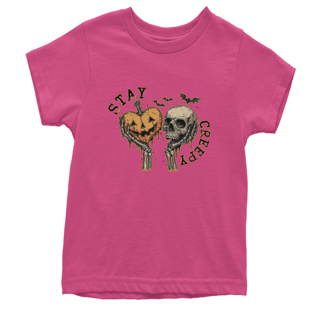 Stay Creepy Skull and Pumpkin Halloween Youth T-shirt Hot Pink