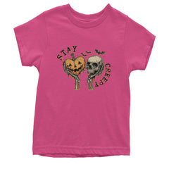 Stay Creepy Skull and Pumpkin Halloween Youth T-shirt Hot Pink
