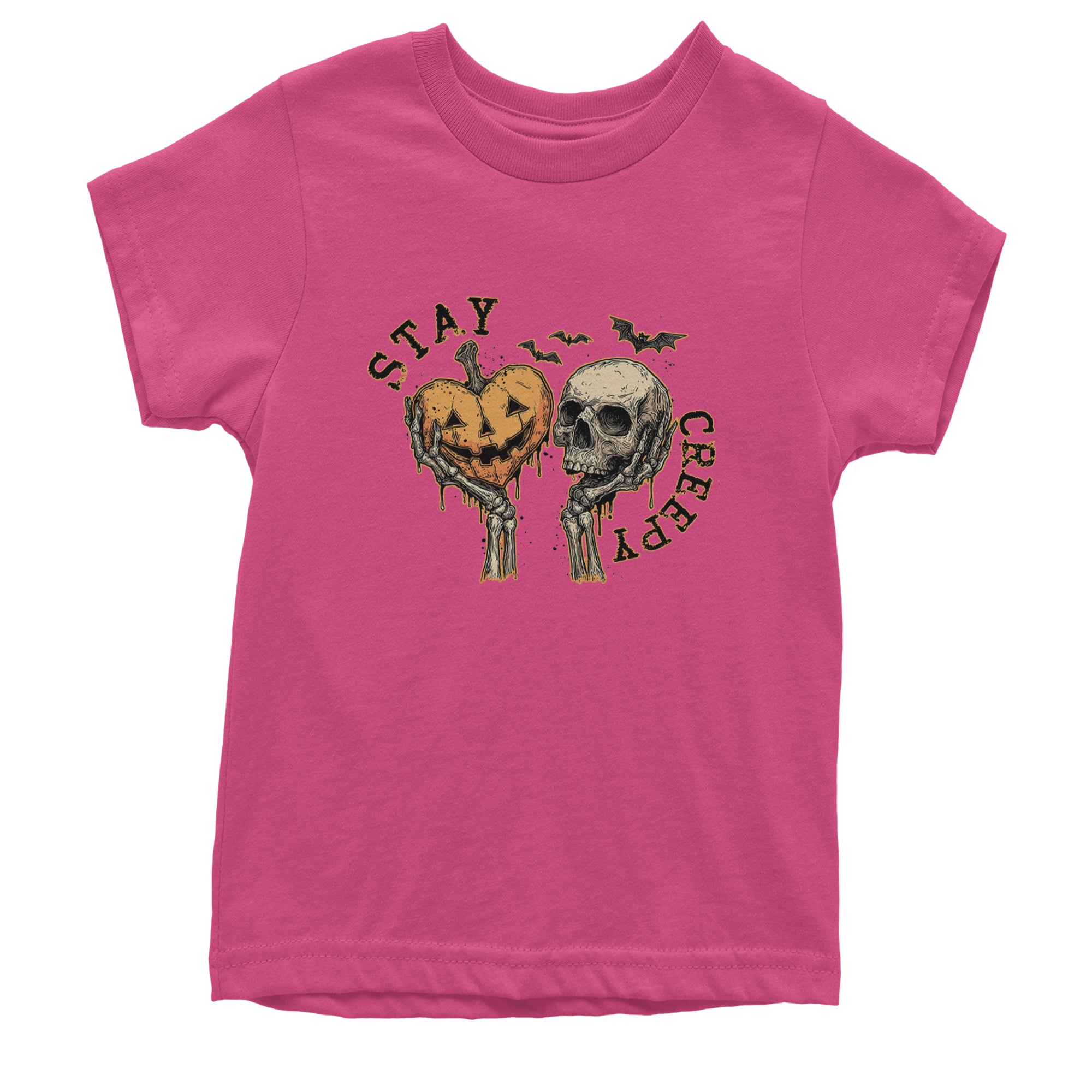 Stay Creepy Skull and Pumpkin Halloween Youth T-shirt Hot Pink