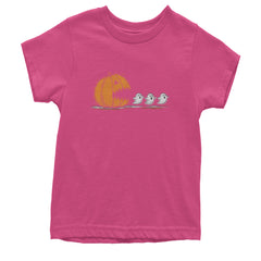 Pumpkin Pacman Chasing Ghosts Halloween Youth T-shirt Hot Pink