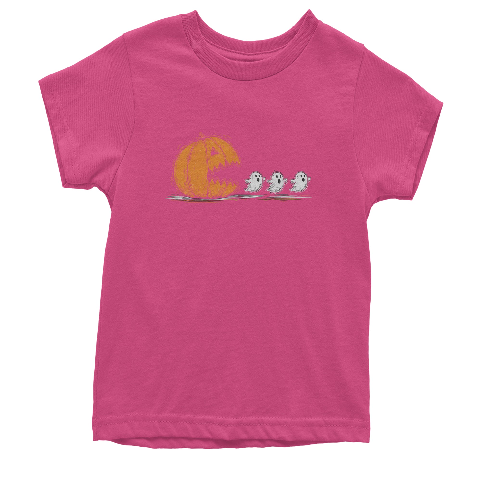 Pumpkin Pacman Chasing Ghosts Halloween Youth T-shirt Hot Pink