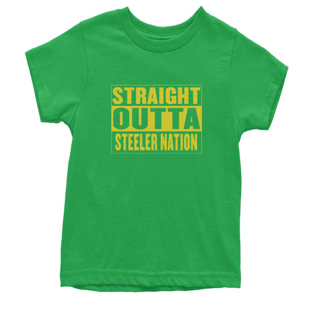 Straight Outta Steeler Nation Football graphic on Kids' Heavyweight Cotton T-Shirt in Kelly Green