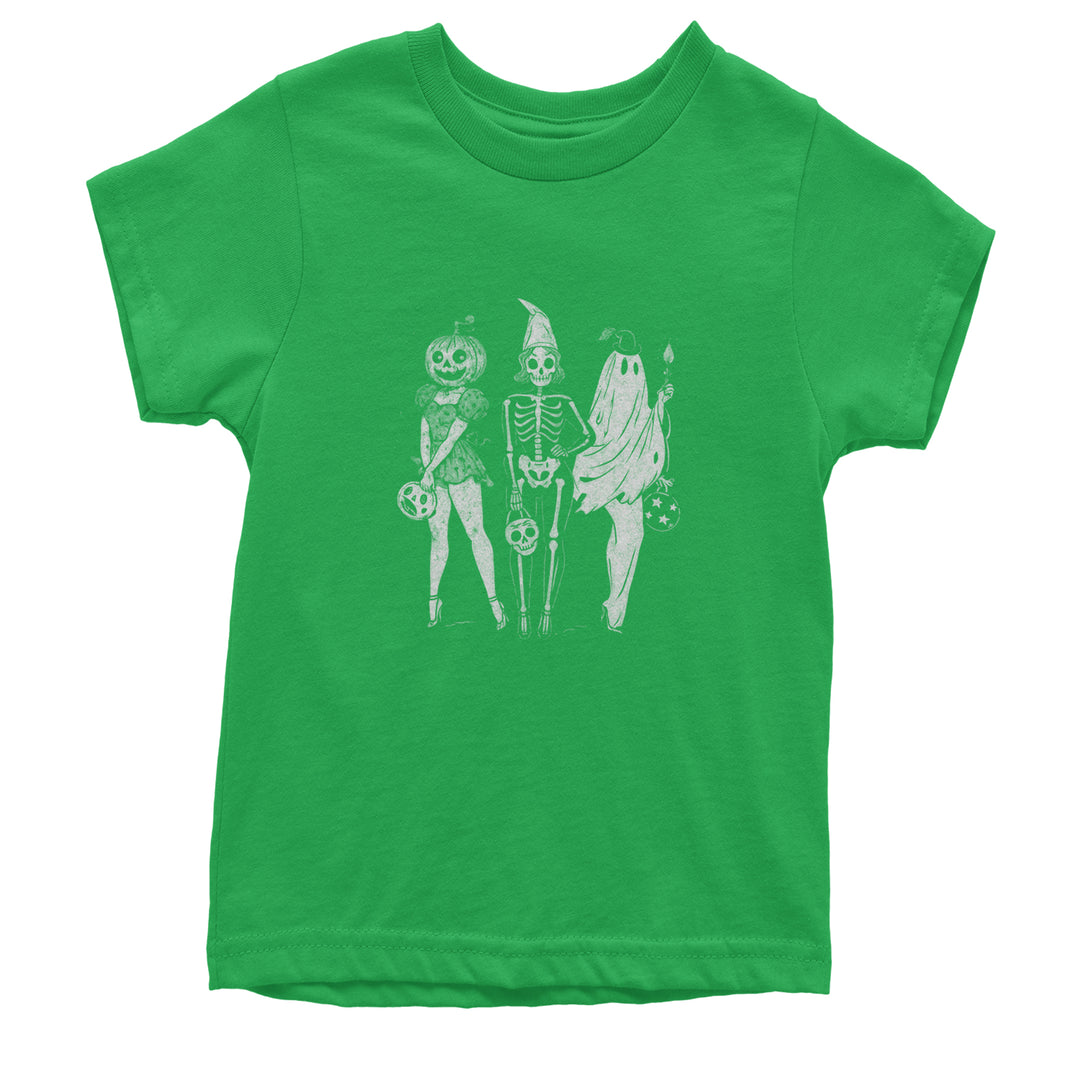 Vintage Spooky Squad Pinup Halloween Design Youth T-shirt Kelly Green