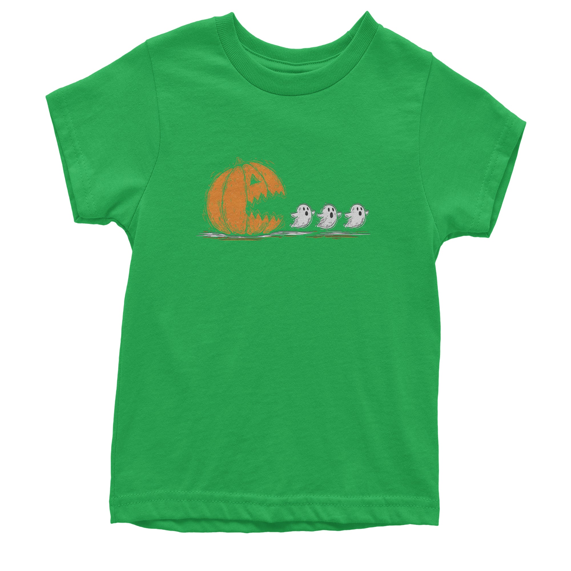 Pumpkin Pacman Chasing Ghosts Halloween Youth T-shirt Kelly Green