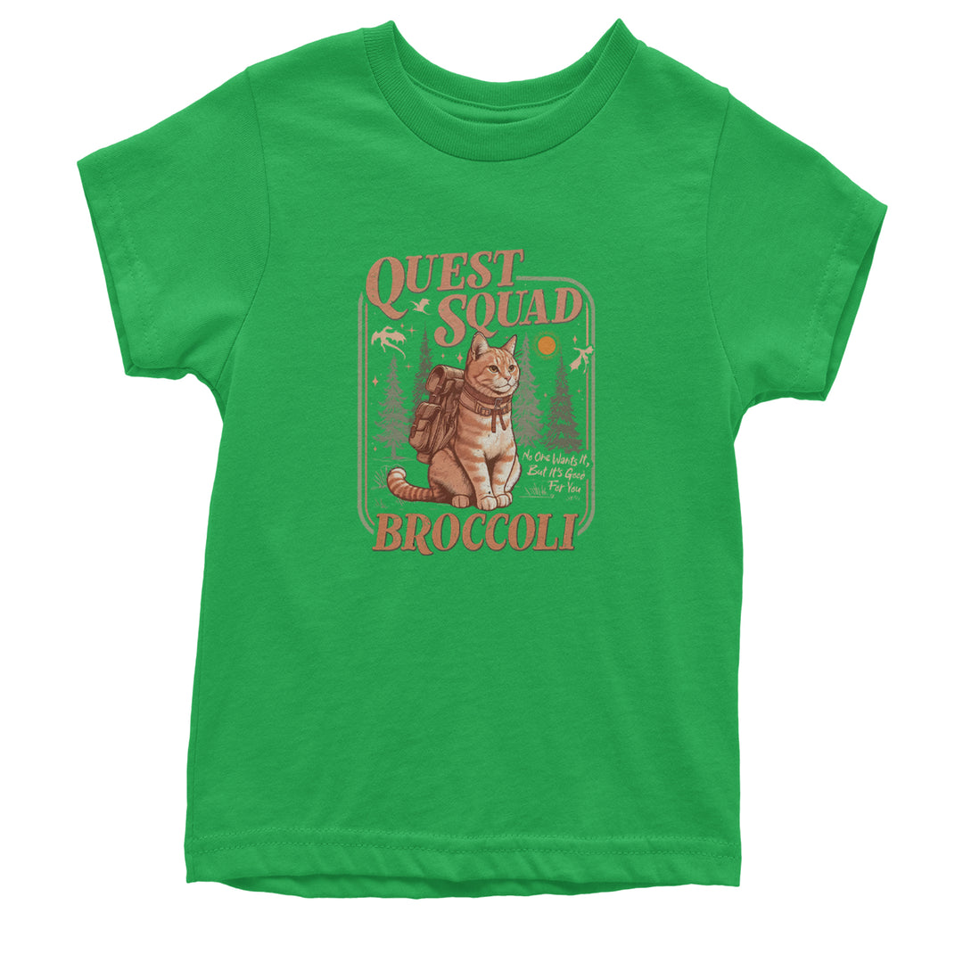 Quest Squad Broccoli Cat Fantasy Reader  Youth T-shirt Kelly Green