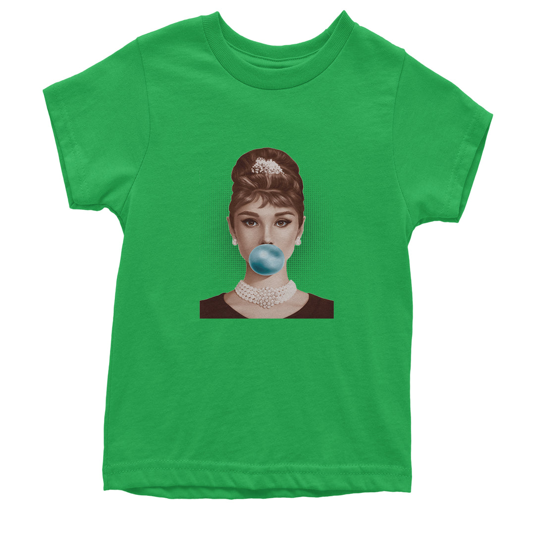 Audrey Hepburn Chewing Bubble Gum American Icon Youth T-shirt Kelly Green