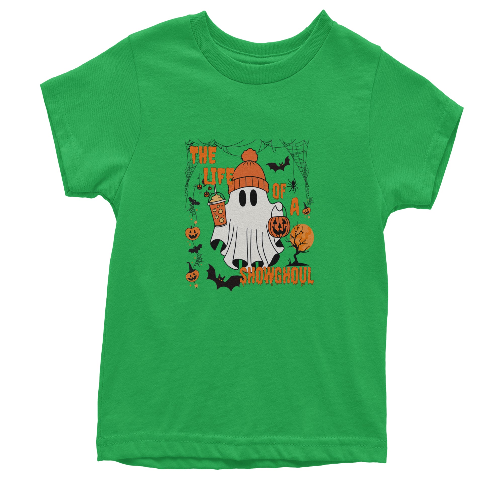 Life of a Showghoul Halloween Showgirl Vibes Youth T-shirt Kelly Green