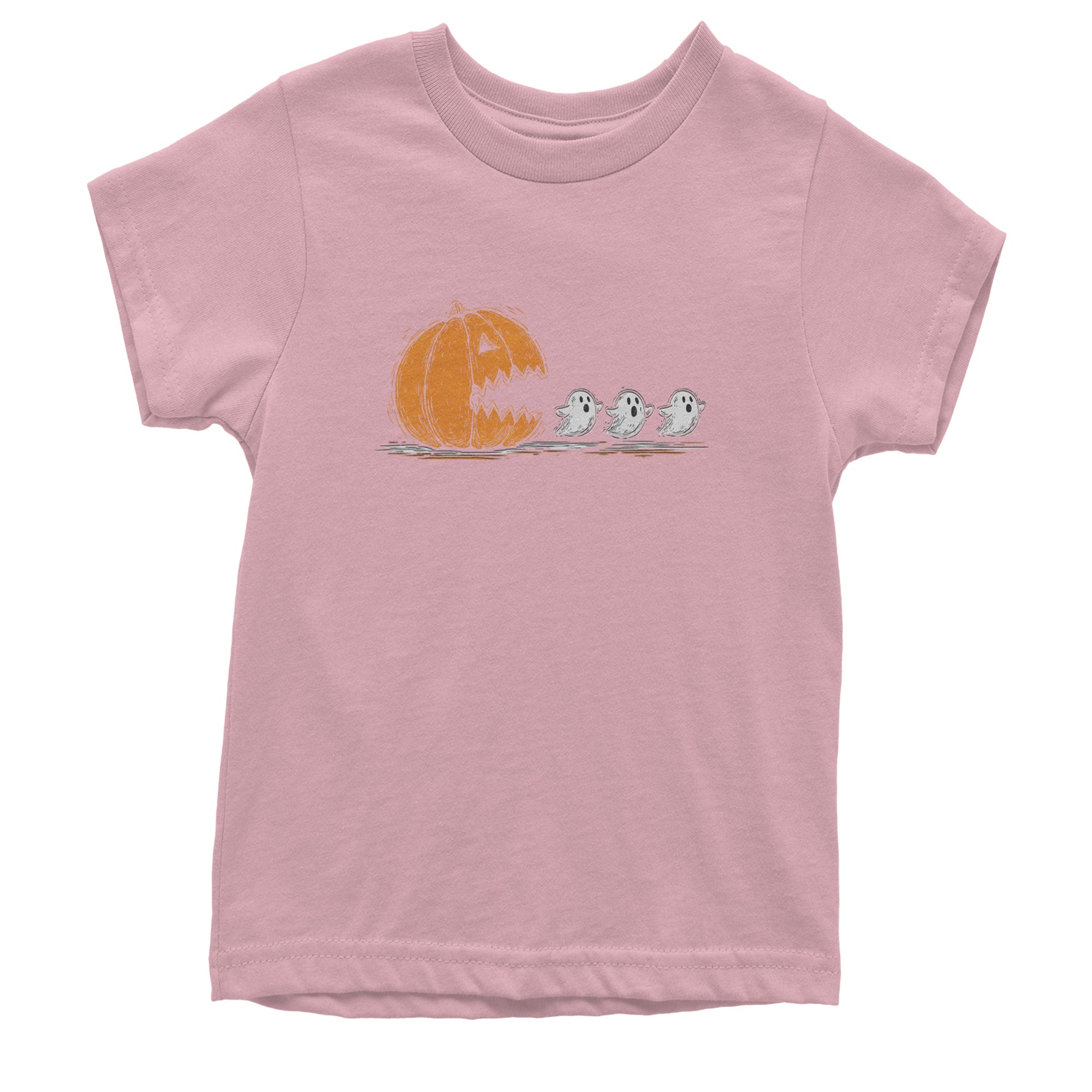 Pumpkin Pacman Chasing Ghosts Halloween Youth T-shirt Light Pink