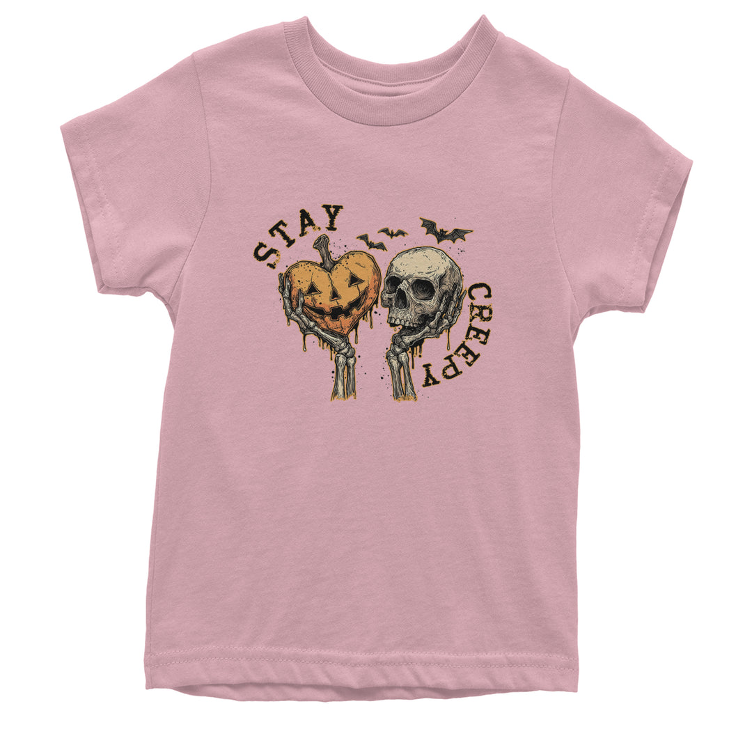 Stay Creepy Skull and Pumpkin Halloween Youth T-shirt Light Pink