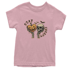 Stay Creepy Skull and Pumpkin Halloween Youth T-shirt Light Pink