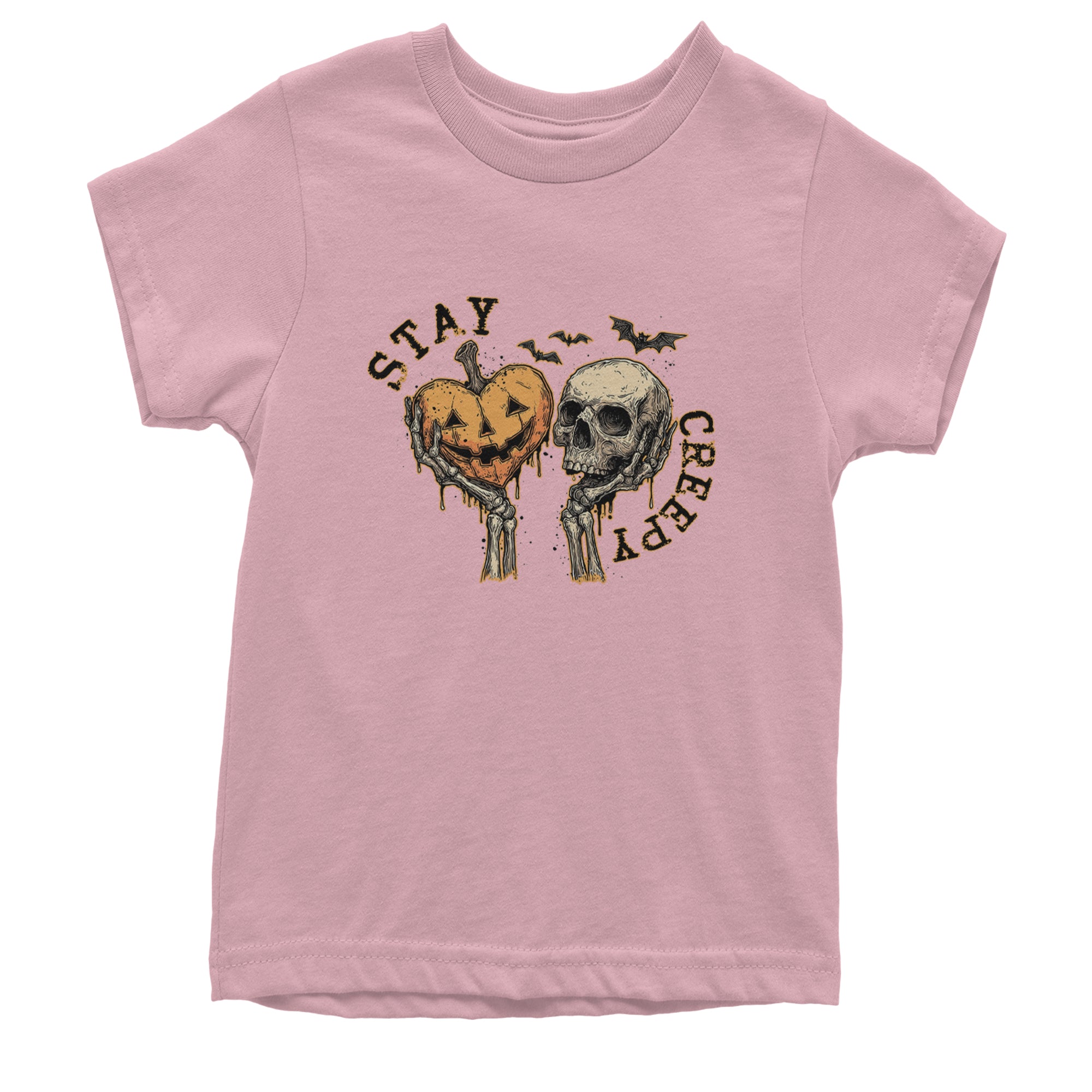 Stay Creepy Skull and Pumpkin Halloween Youth T-shirt Light Pink