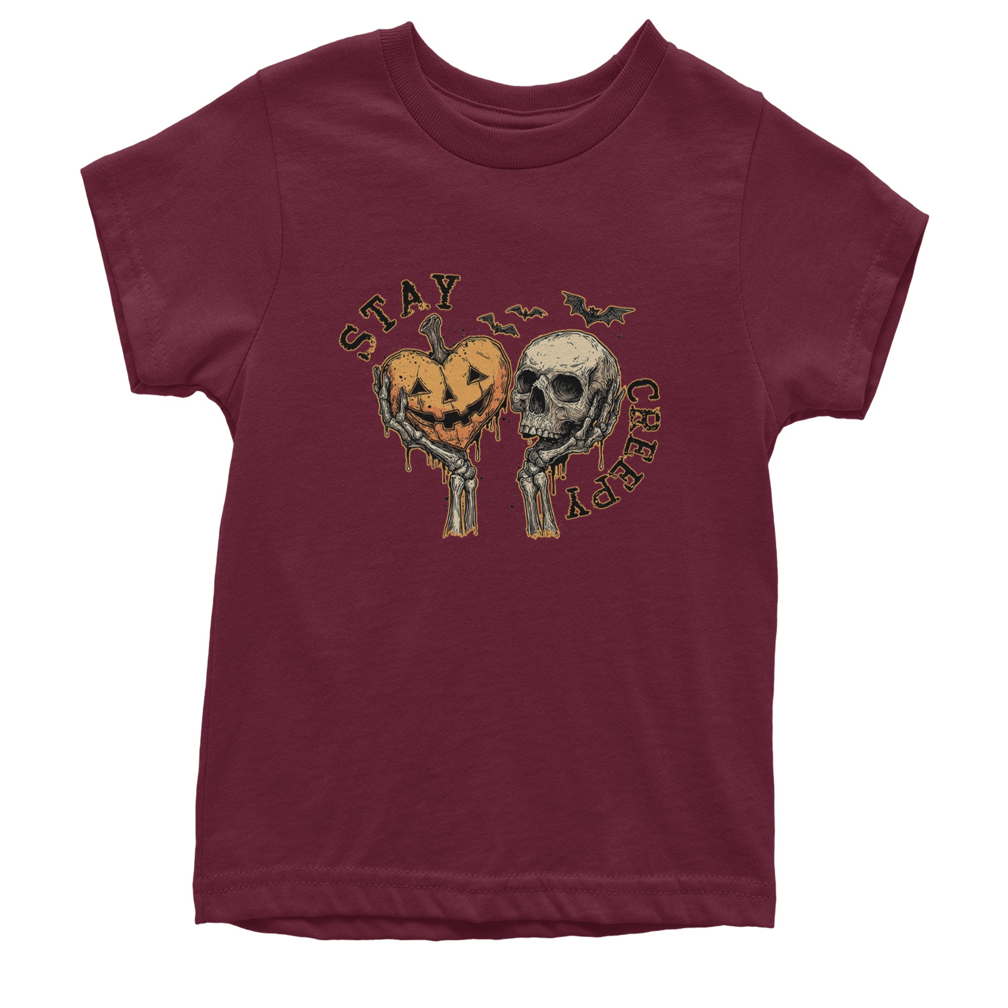 Stay Creepy Skull and Pumpkin Halloween Youth T-shirt Maroon