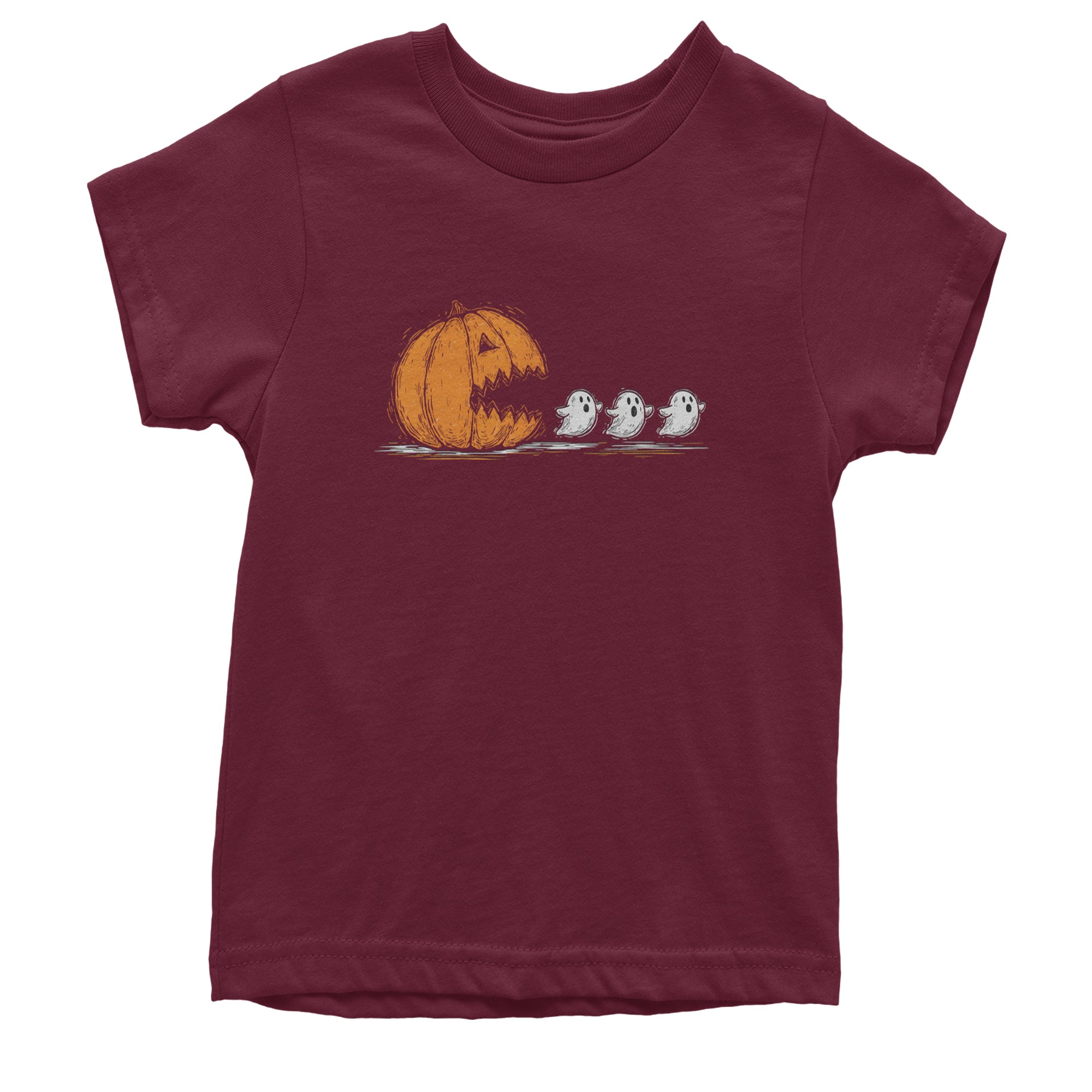 Pumpkin Pacman Chasing Ghosts Halloween Youth T-shirt Maroon