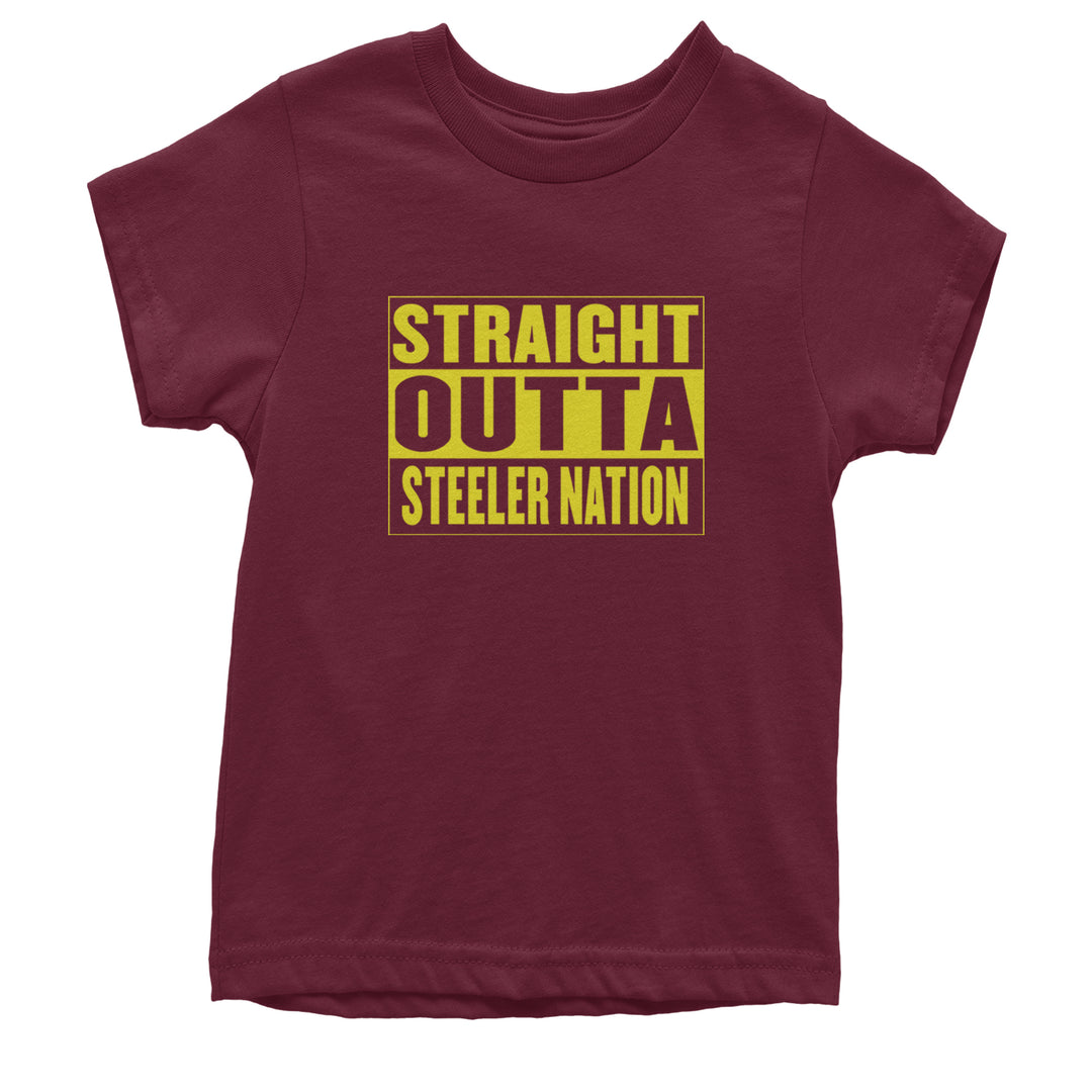 Straight Outta Steeler Nation Football graphic on Kids' Heavyweight Cotton T-Shirt in Maroon