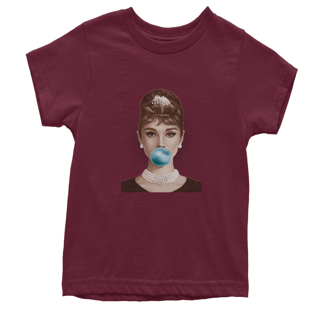 Audrey Hepburn Chewing Bubble Gum American Icon Youth T-shirt Maroon